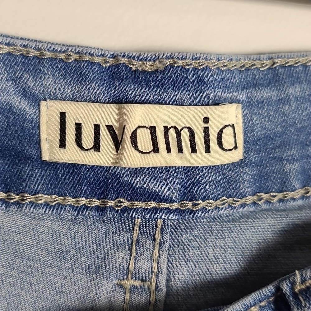 🚨LAST CHANCE🚨LUVAMIA Denim Jean Shorts Frayed Hem High Rise Cotton Size Medium - Picture 2 of 15